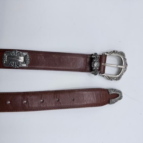 Fossil Vintage Brown Leather Western Belt Silver Concho Style Buckle Unisex L - Picture 2 of 6